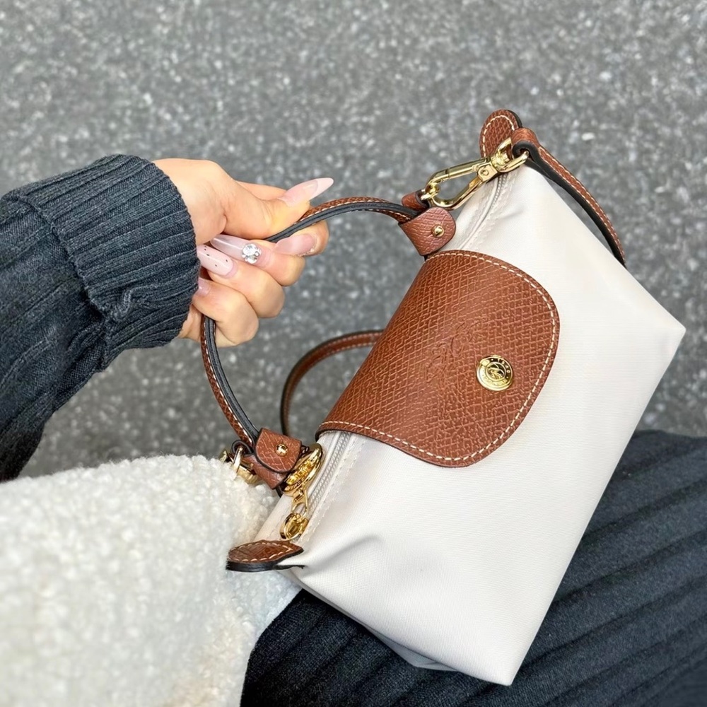 Longchamp Cream Mini Top-Handle Bag with Brown Trim and Gold Hardware